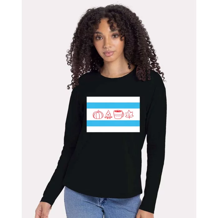 Chicago Flag Fall Autumn Pumpkin Bonfire Cocoa Leaves Womens Cotton Relaxed Long Sleeve T-Shirt