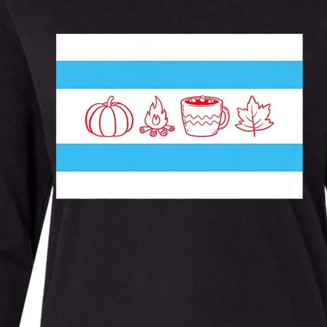 Chicago Flag Fall Autumn Pumpkin Bonfire Cocoa Leaves Womens Cotton Relaxed Long Sleeve T-Shirt