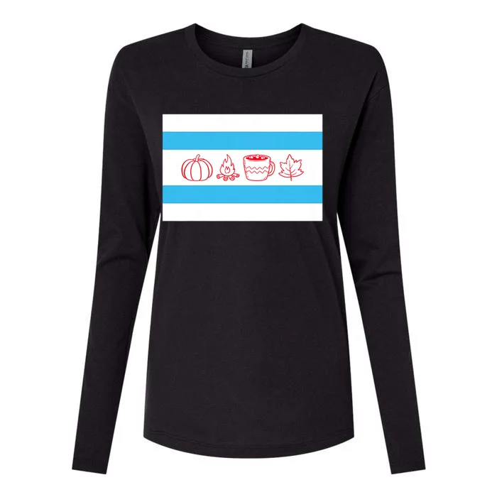 Chicago Flag Fall Autumn Pumpkin Bonfire Cocoa Leaves Womens Cotton Relaxed Long Sleeve T-Shirt