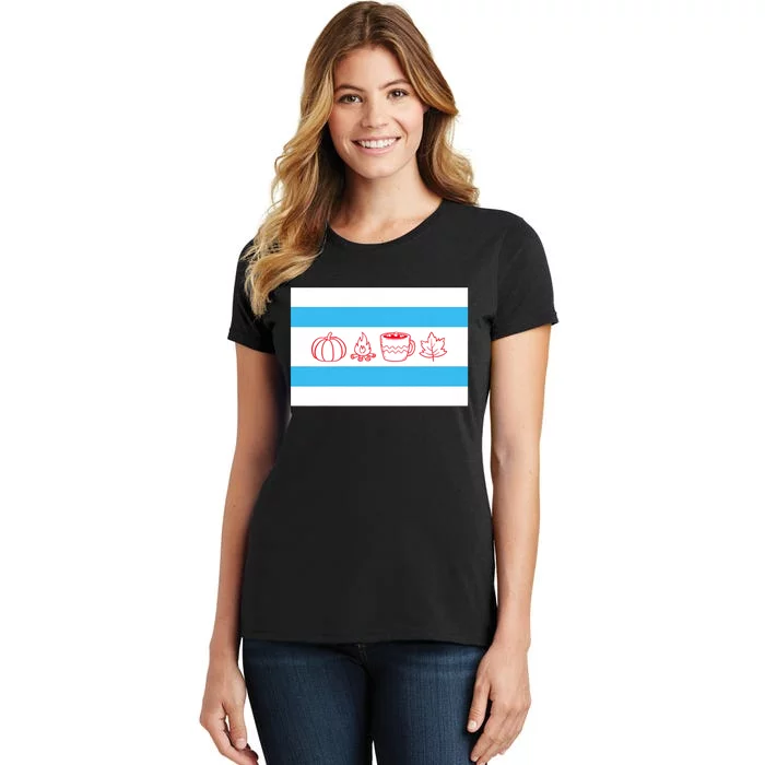 Chicago Flag Fall Autumn Pumpkin Bonfire Cocoa Leaves Women's T-Shirt