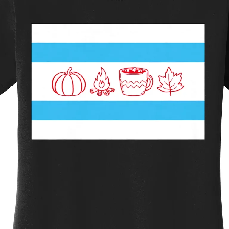 Chicago Flag Fall Autumn Pumpkin Bonfire Cocoa Leaves Women's T-Shirt