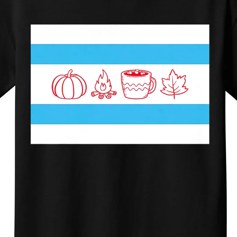 Chicago Flag Fall Autumn Pumpkin Bonfire Cocoa Leaves Kids T-Shirt