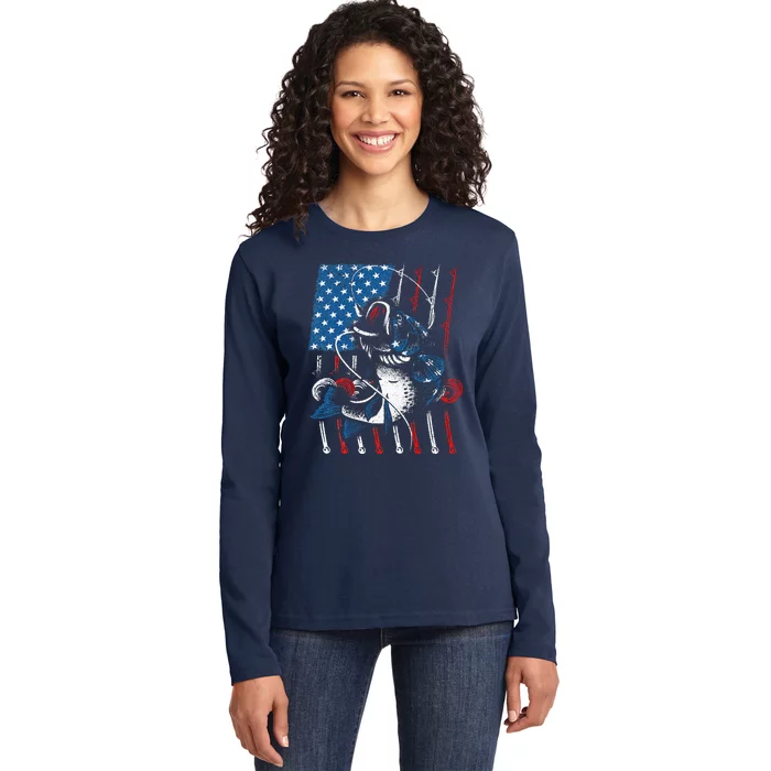 Cool Fishing For American Flag USA Ladies Long Sleeve Shirt