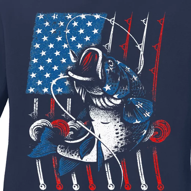 Cool Fishing For American Flag USA Ladies Long Sleeve Shirt