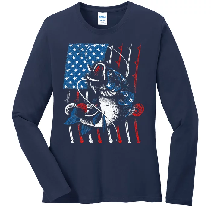 Cool Fishing For American Flag USA Ladies Long Sleeve Shirt