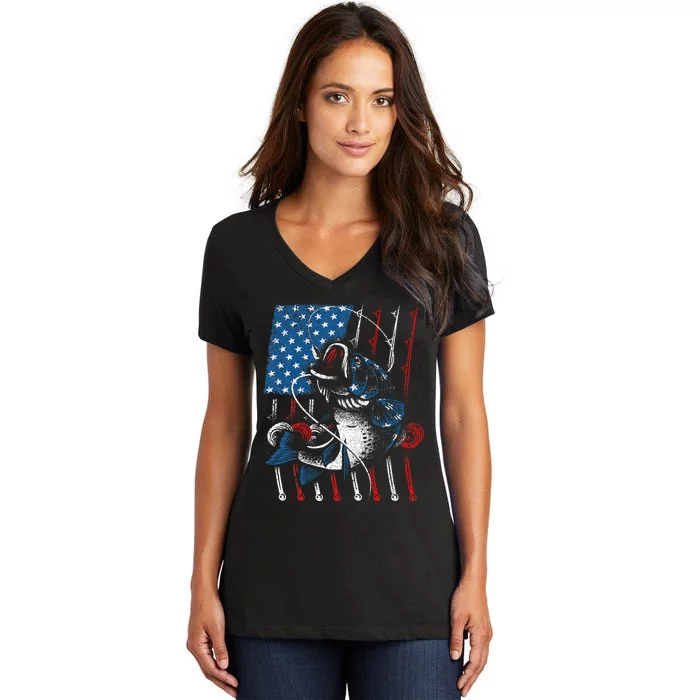 Cool Fishing For American Flag USA Fish Lover Women's V-Neck T-Shirt