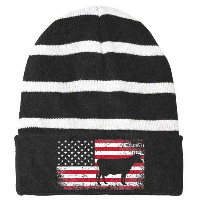 Cow Farm Farmer 4th of July Gift American Flag USA Striped Beanie with Solid Band