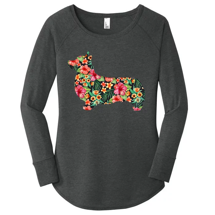 Corgi Flower Funny Dog Silhouette Floral Gifts Women's Perfect Tri Tunic Long Sleeve Shirt