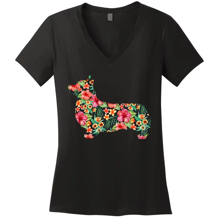 Corgi Flower Funny Dog Silhouette Floral Gifts Women's V-Neck T-Shirt