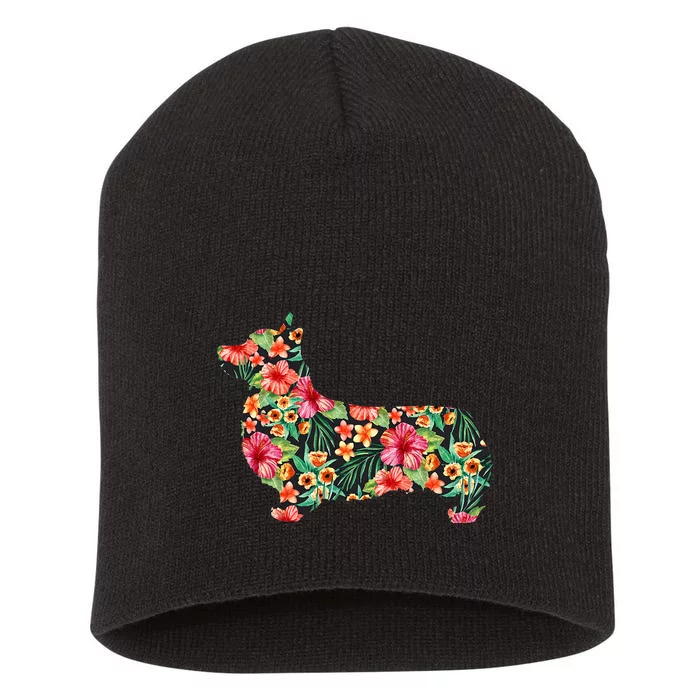 Corgi Flower Funny Dog Silhouette Floral Gifts Short Acrylic Beanie