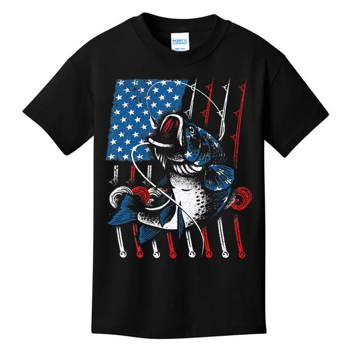 Cool Fishing For Men Women American Flag USA Fish Lover Kids T-Shirt