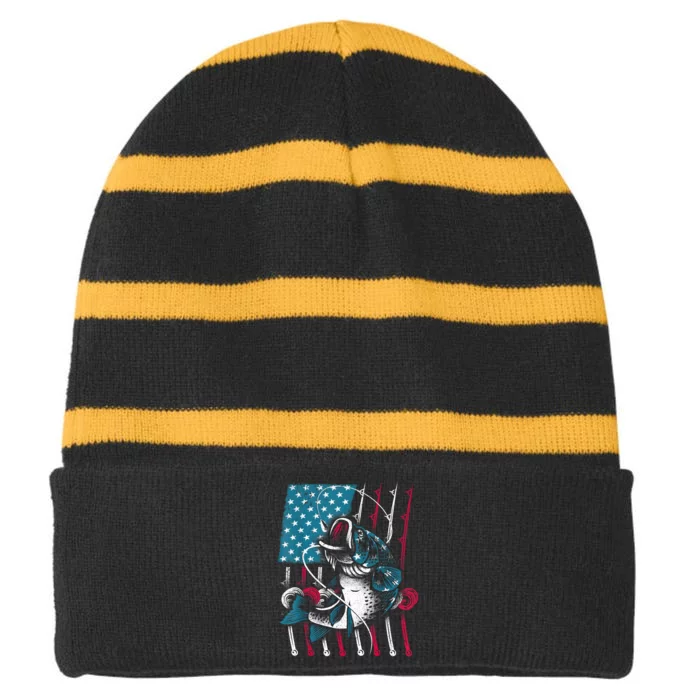 Cool Fishing For Men Women American Flag USA Fish Lover Striped Beanie with Solid Band