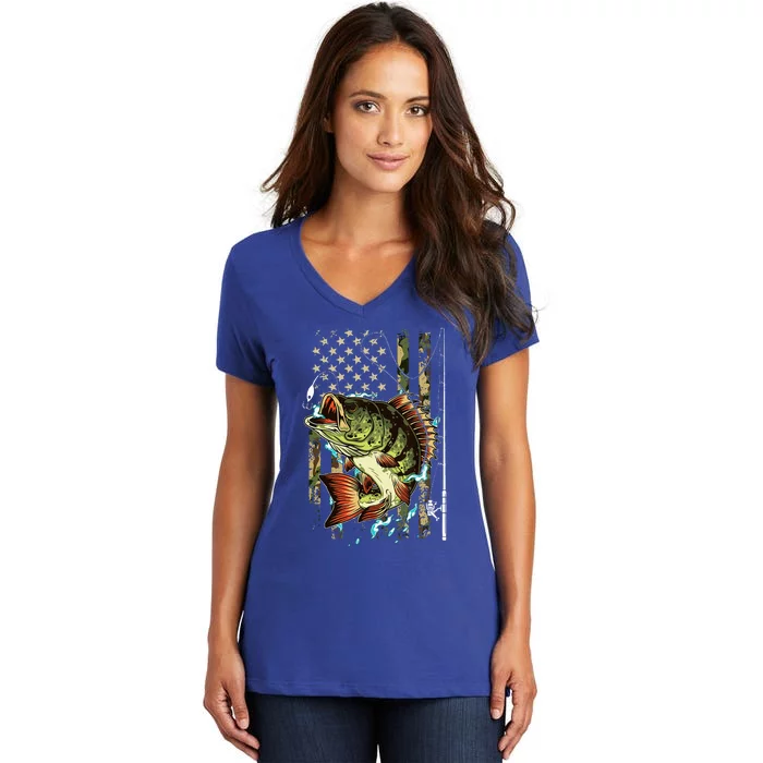 Cool Fishing For Women American Flag USA Fishing Lover Women's V-Neck T-Shirt