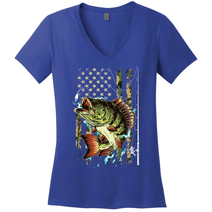 Cool Fishing For Women American Flag USA Fishing Lover Women's V-Neck T-Shirt