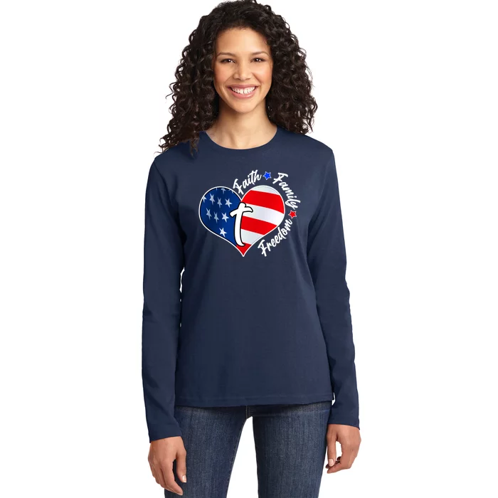 Cute Faith Family Freedom American USA Heart Ladies Long Sleeve Shirt