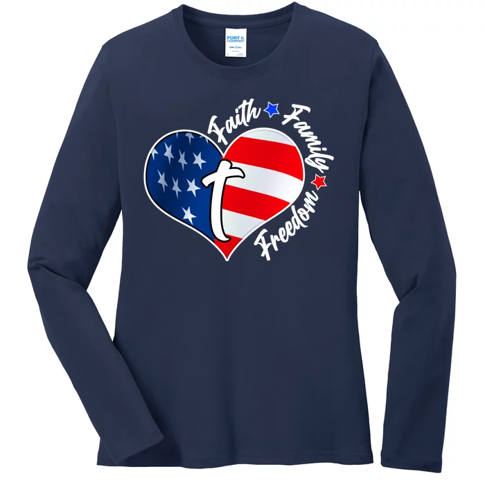 Cute Faith Family Freedom American USA Heart Ladies Long Sleeve Shirt