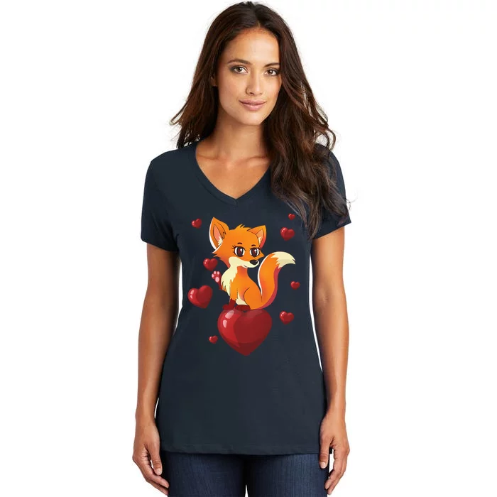 Cute Foxy Fox Valentines Day Love Heart Gift Women's V-Neck T-Shirt