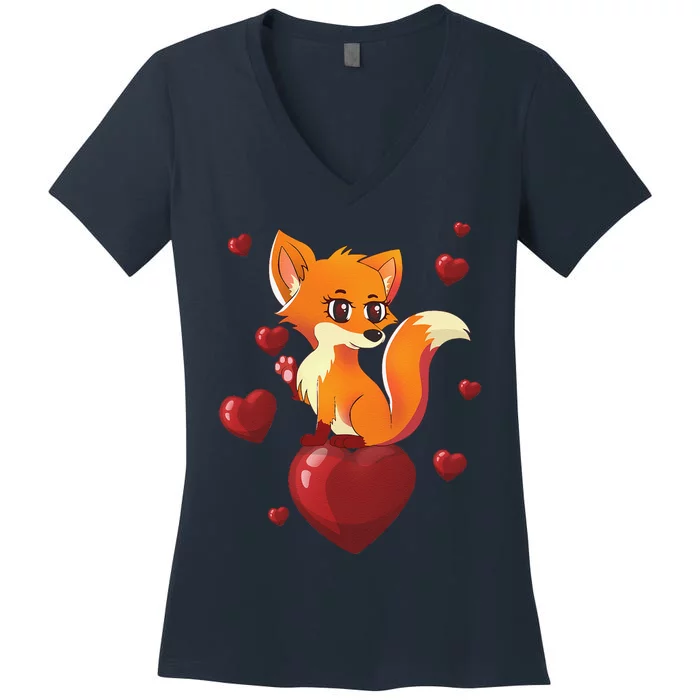 Cute Foxy Fox Valentines Day Love Heart Gift Women's V-Neck T-Shirt