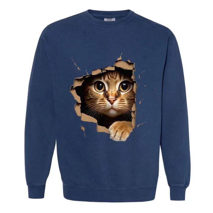 Cute kitten looks from torn fabric - Cats Garment-Dyed Sweatshirt