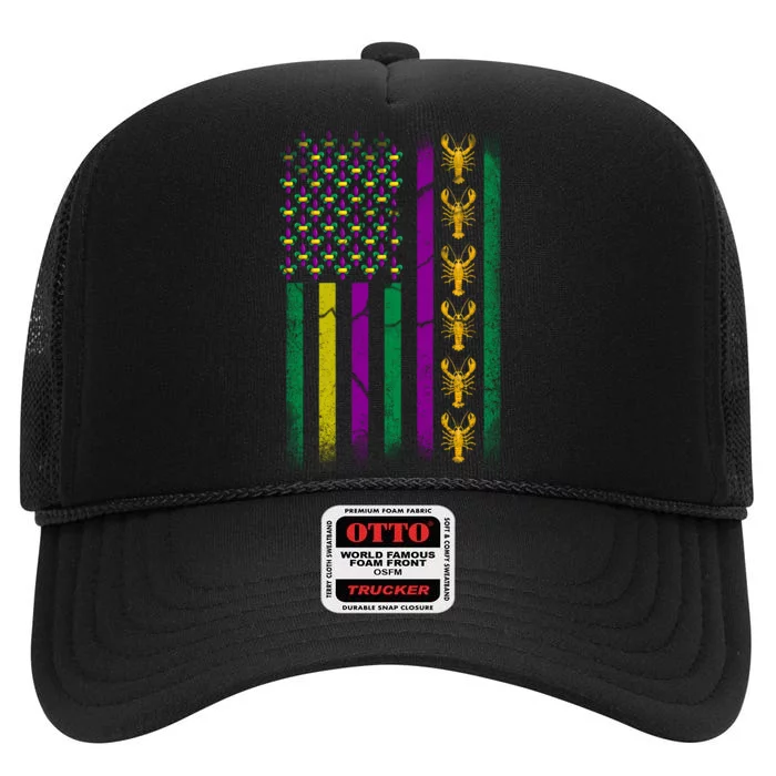 Crawfish Fleur-De-Lis Flag Mardi Gras High Crown Mesh Trucker Hat