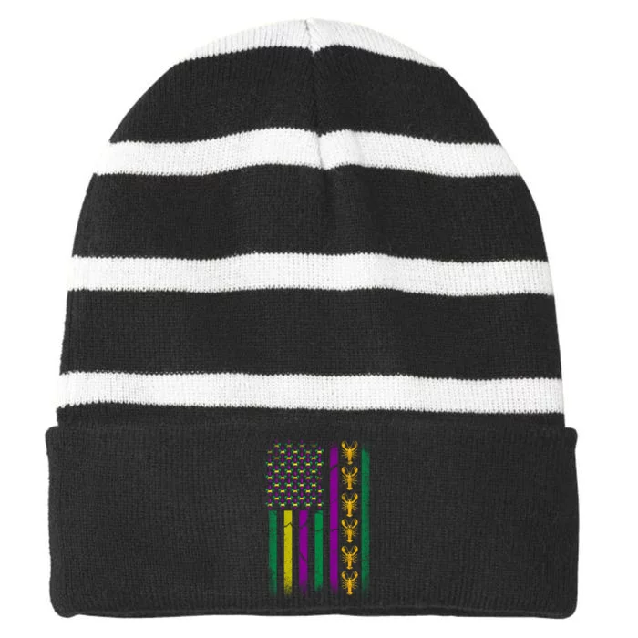 Crawfish Fleur-De-Lis Flag Mardi Gras Striped Beanie with Solid Band