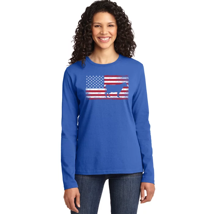 Cow Farm Farmer 4th Of July American Flag Patriotic Usa Meaningful Gift Ladies Long Sleeve Shirt