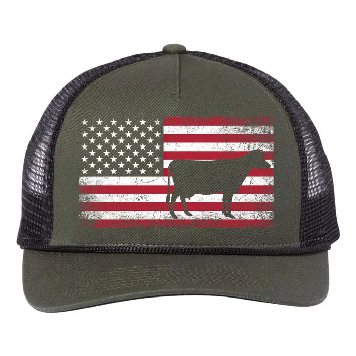 Cow Farm Farmer 4th Of July American Flag Patriotic Usa Meaningful Gift Retro Rope Trucker Hat Cap