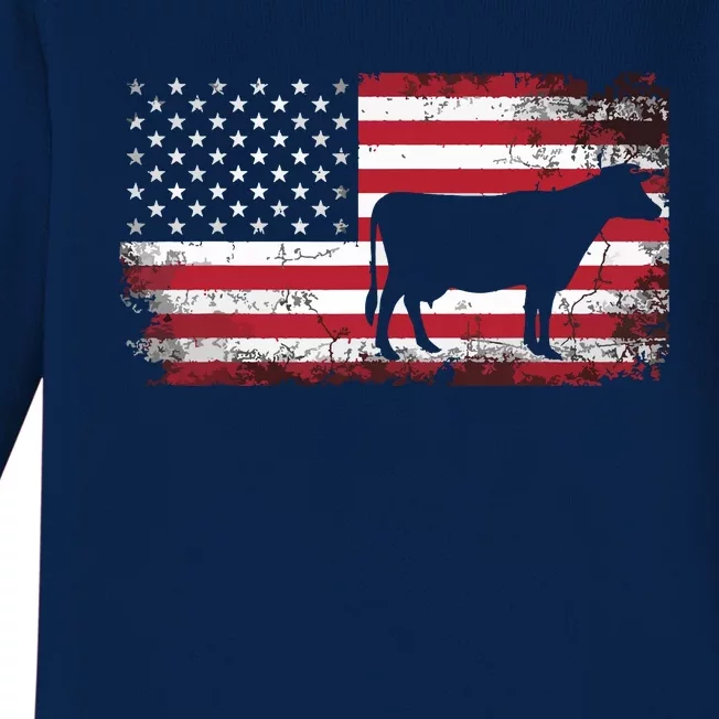 Cow Farm Farmer 4th Of July American Flag Patriotic USA Baby Long Sleeve Bodysuit