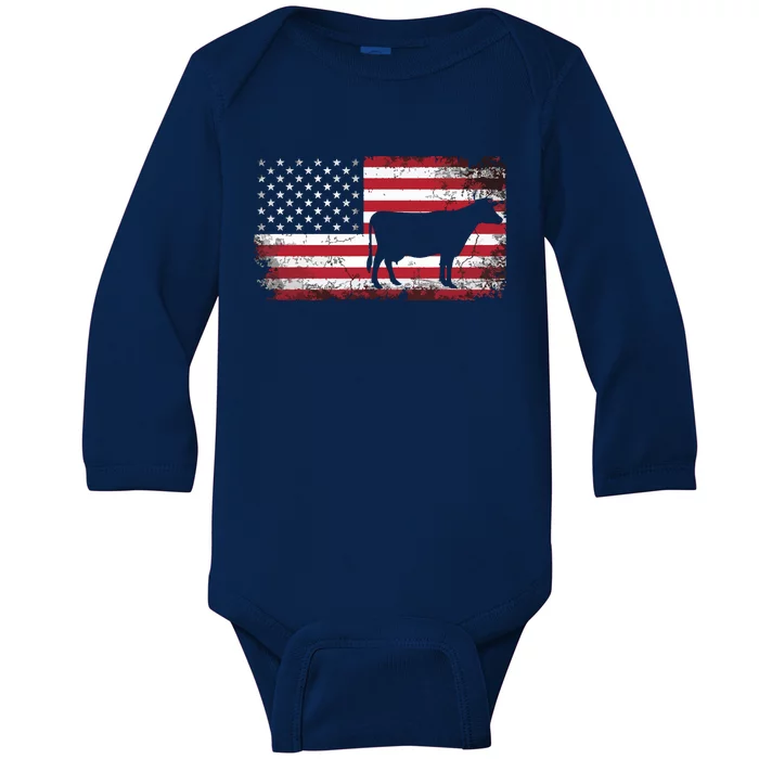 Cow Farm Farmer 4th Of July American Flag Patriotic USA Baby Long Sleeve Bodysuit