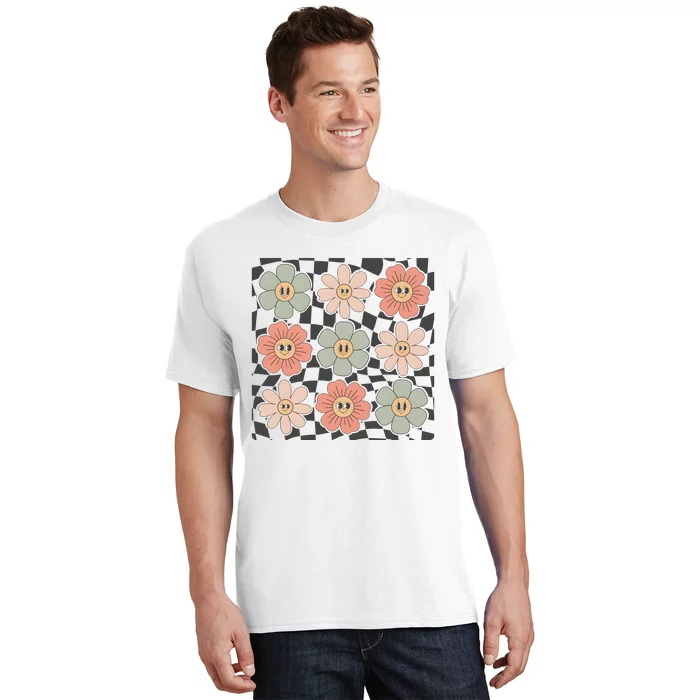 Checkered Flowers Face Happy Flower Gift Idea Cute T-Shirt