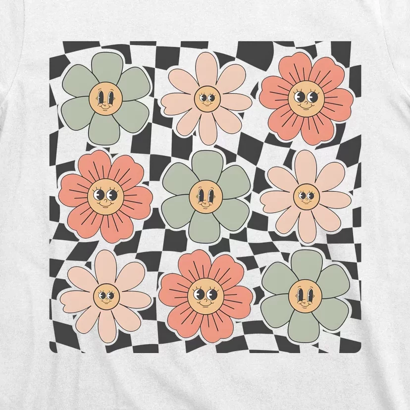 Checkered Flowers Face Happy Flower Gift Idea Cute T-Shirt