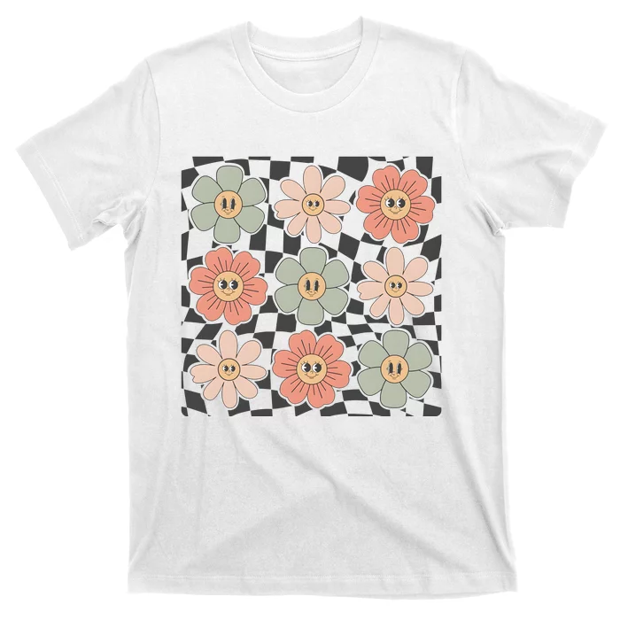 Checkered Flowers Face Happy Flower Gift Idea Cute T-Shirt