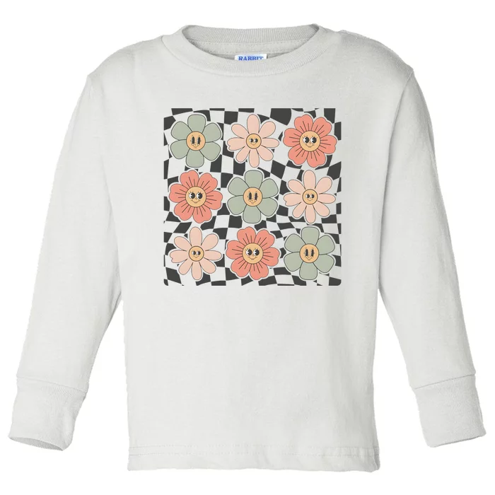 Checkered Flowers Face Happy Flower Gift Idea Cute Toddler Long Sleeve Shirt