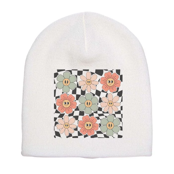 Checkered Flowers Face Happy Flower Gift Idea Cute Short Acrylic Beanie