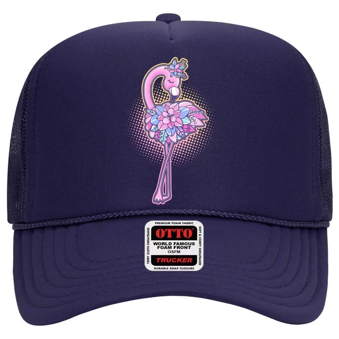 Cute Floral Flamingo High Crown Mesh Trucker Hat