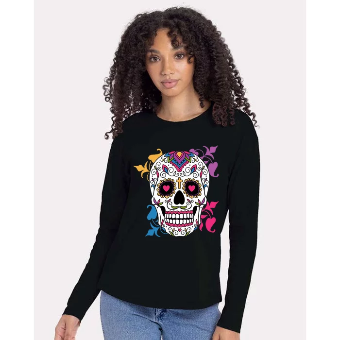 Candy Floral Graphic Skull Design Womens Cotton Relaxed Long Sleeve T-Shirt