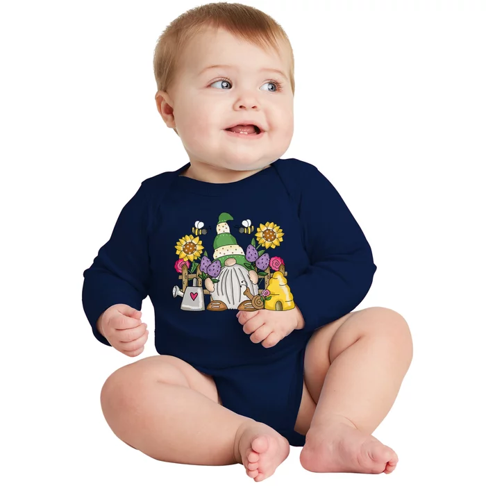 Cute Flower Garden Gnome With Bees And Flowers Gift Gardener Funny Gift Baby Long Sleeve Bodysuit