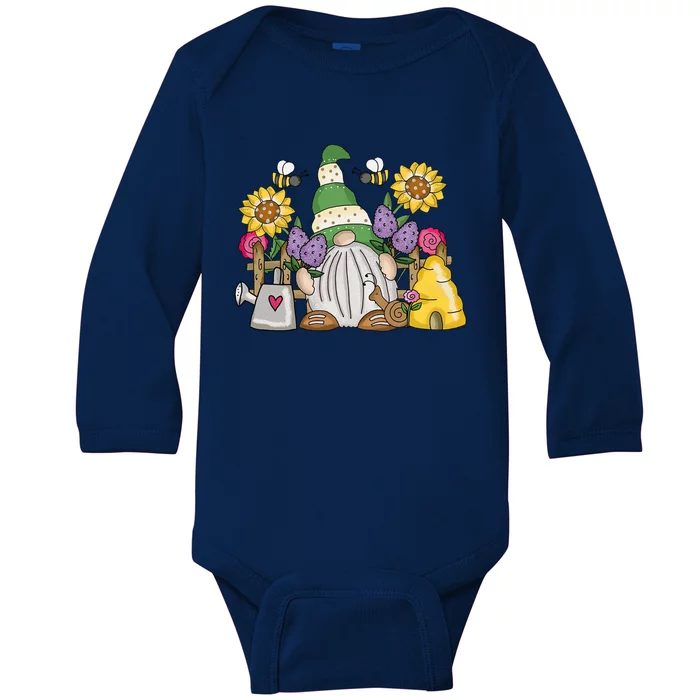 Cute Flower Garden Gnome With Bees And Flowers Gift Gardener Funny Gift Baby Long Sleeve Bodysuit