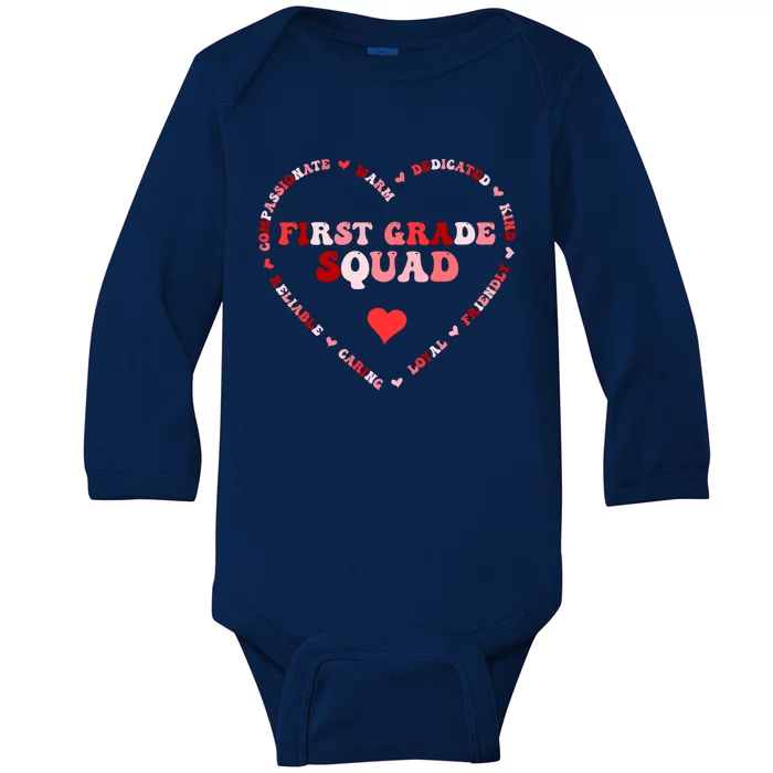 Cute First Grade Squad Valentines Day Heart Great Gift Baby Long Sleeve Bodysuit