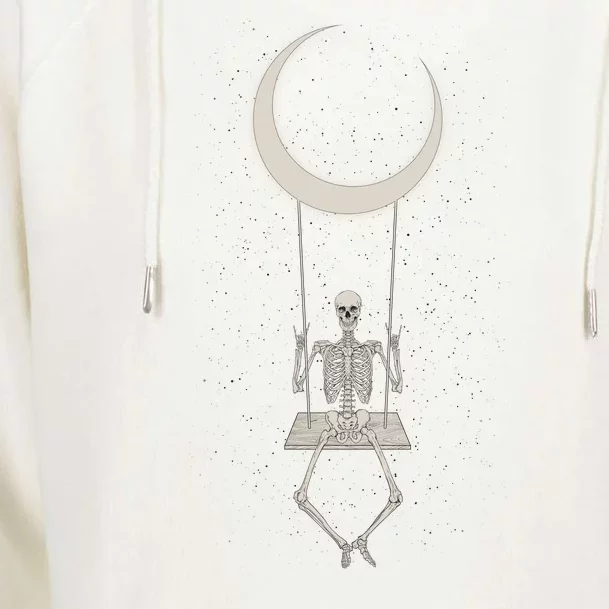 Cool Funny Halloween Skeleton On A Moon Swing Womens Funnel Neck Pullover Hood