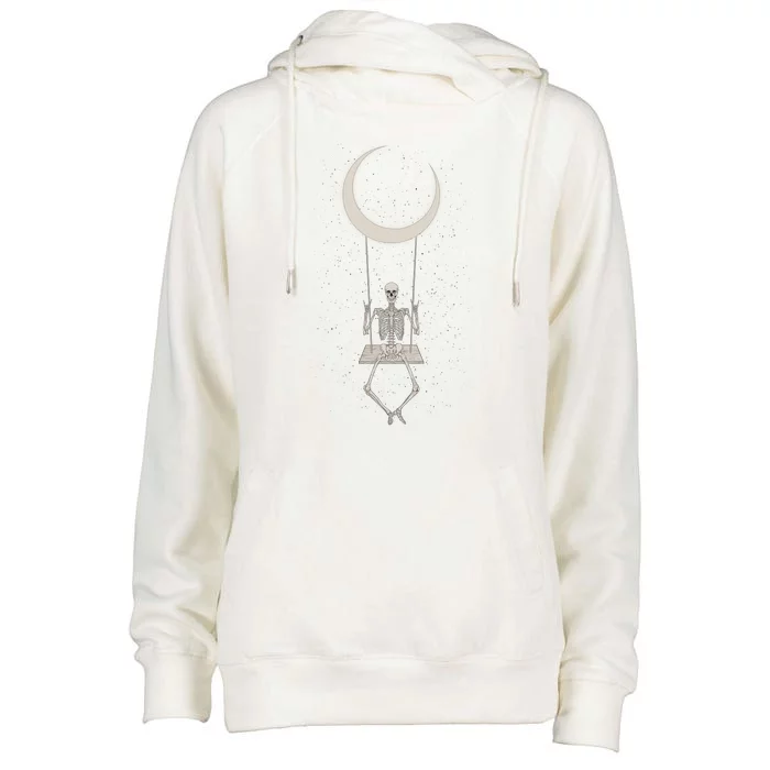 Cool Funny Halloween Skeleton On A Moon Swing Womens Funnel Neck Pullover Hood