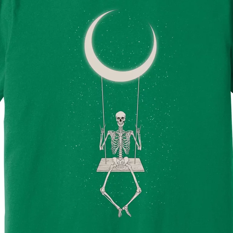 Cool Funny Halloween Skeleton On A Moon Swing Premium T-Shirt