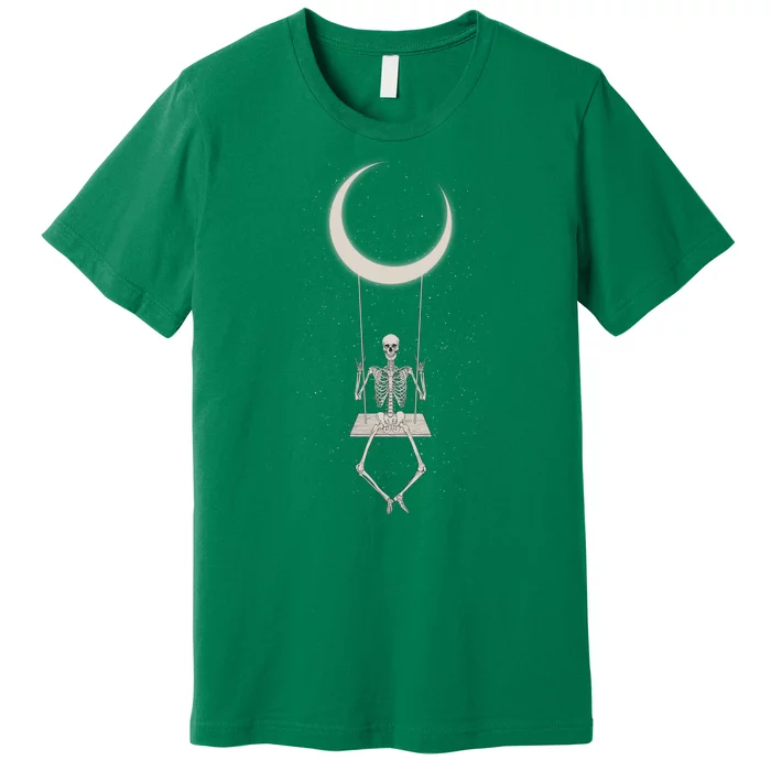 Cool Funny Halloween Skeleton On A Moon Swing Premium T-Shirt