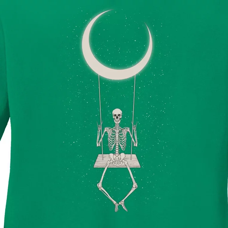 Cool Funny Halloween Skeleton On A Moon Swing Ladies Long Sleeve Shirt