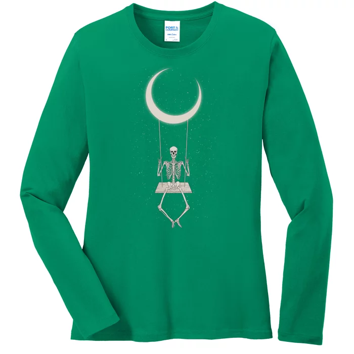 Cool Funny Halloween Skeleton On A Moon Swing Ladies Long Sleeve Shirt