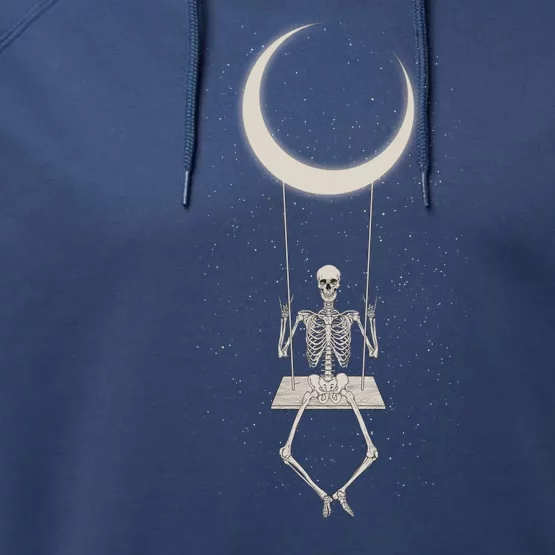 Cool Funny Halloween Skeleton On A Moon Swing Performance Fleece Hoodie