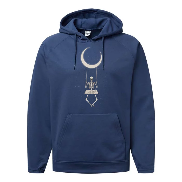 Cool Funny Halloween Skeleton On A Moon Swing Performance Fleece Hoodie