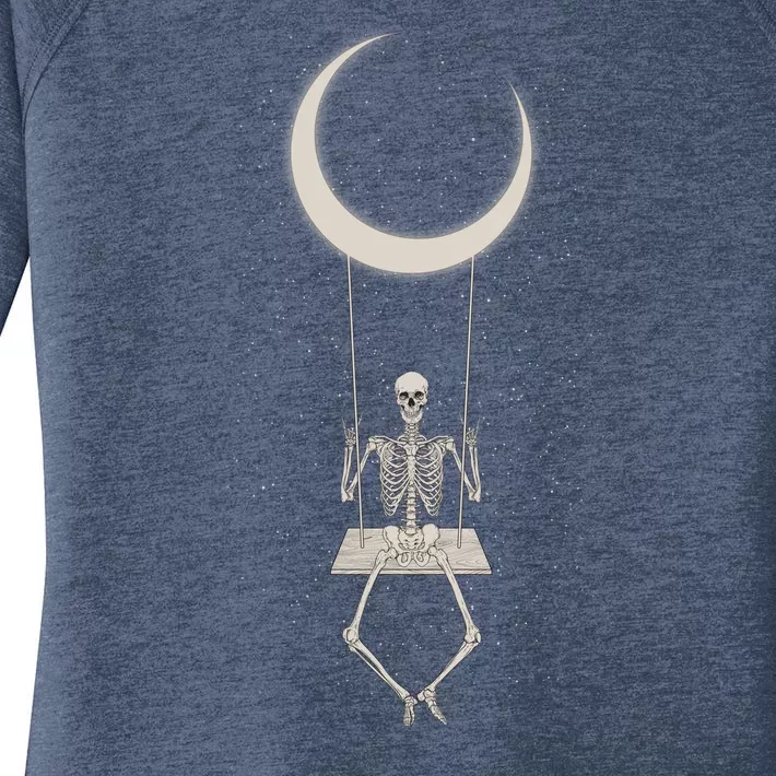 Cool Funny Halloween Skeleton On A Moon Swing Women's Perfect Tri Tunic Long Sleeve Shirt