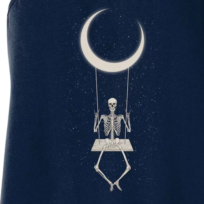 Cool Funny Halloween Skeleton On A Moon Swing Women's Racerback Tank