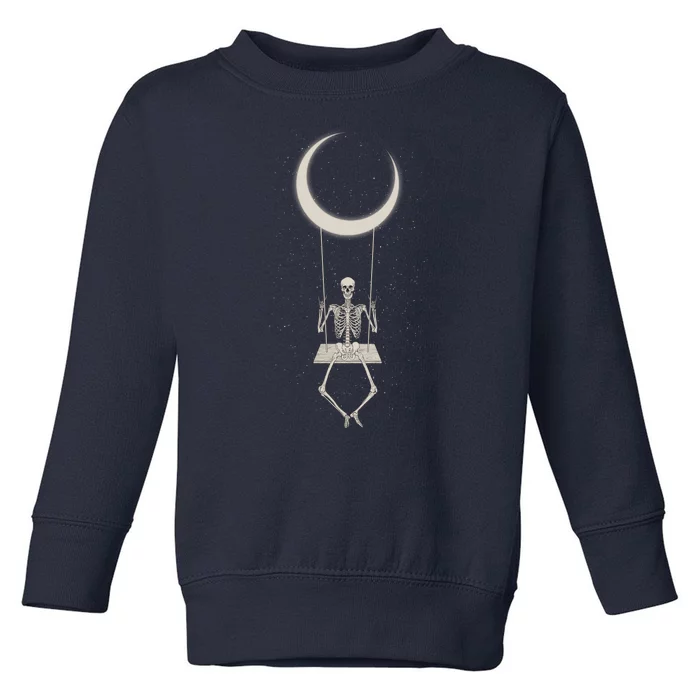 Cool Funny Halloween Skeleton On A Moon Swing Toddler Sweatshirt